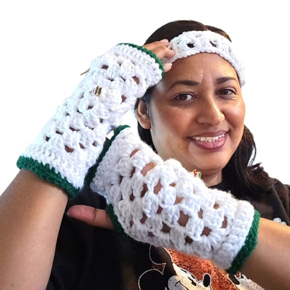 Hand Crafted 3pc Set Fingerless gloves headband white granny square Retro gloves - Picture 1 of 17